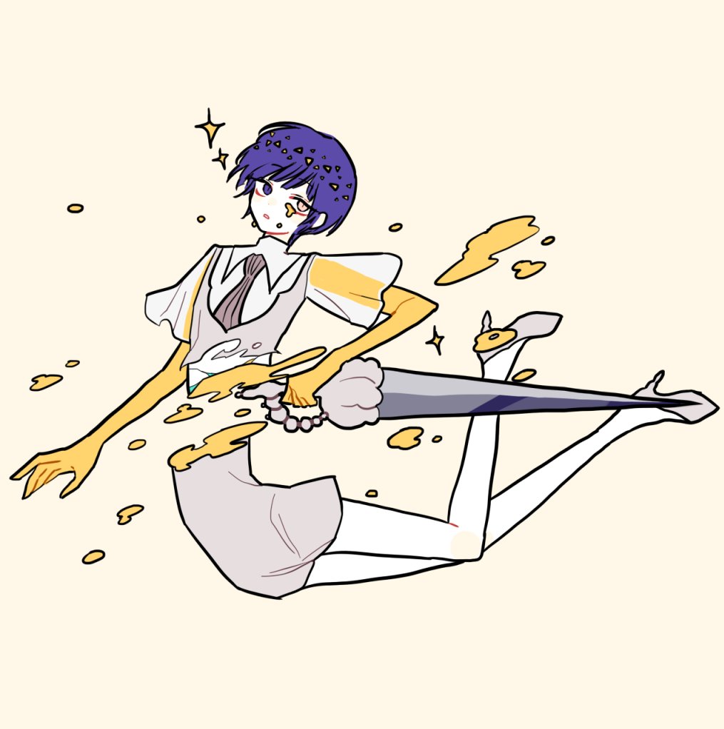 1other androgynous bangs blue_eyes blue_hair blunt_bangs broken crying crying_with_eyes_open eyebrows_visible_through_hair full_body golden_arms heterochromia high_heels houseki_no_kuni looking_at_viewer necktie phosphophyllite phosphophyllite_(ll) see-through_sleeves short_hair simple_background solo sparkle spoilers sword tears weapon white_eyes