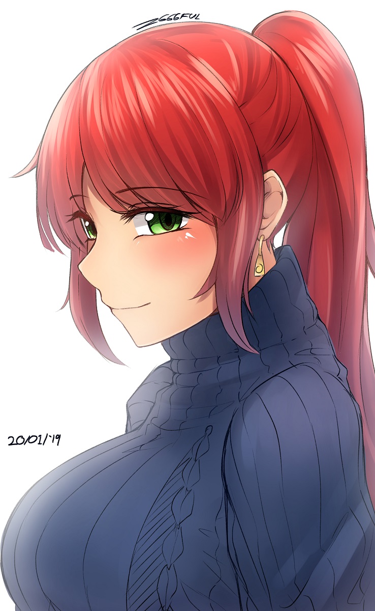 1girl blush breasts commentary english_commentary eyebrows_visible_through_hair green_eyes highres large_breasts long_hair nas_(z666ful) ponytail pyrrha_nikos redhead rwby very_long_hair