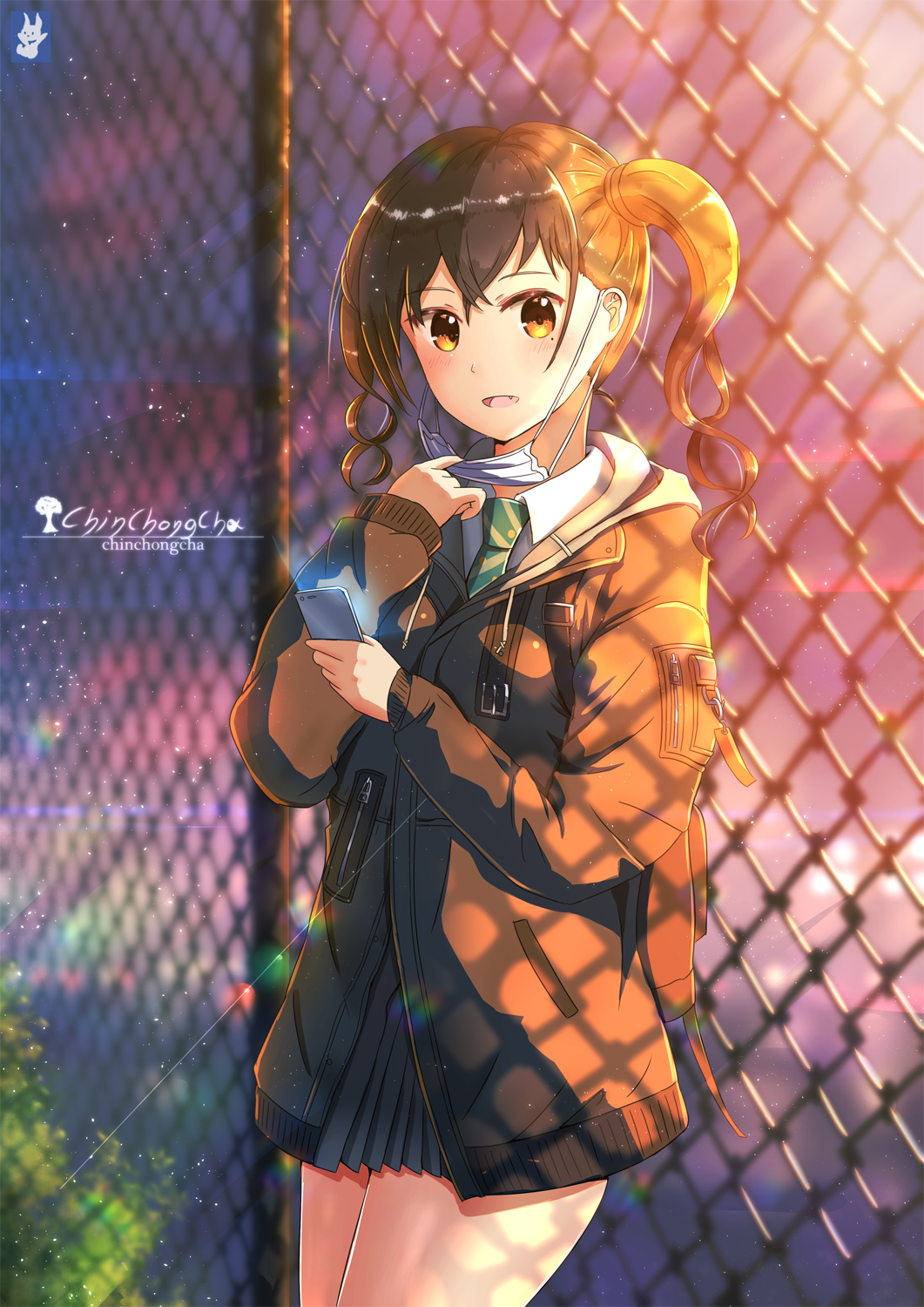 1girl artist_name black_skirt blurry blurry_background blush brown_coat brown_eyes brown_hair cellphone chain-link_fence chinchongcha coat day fence green_neckwear highres holding holding_cellphone holding_phone idolmaster idolmaster_cinderella_girls long_sleeves mask mask_removed mole mole_under_eye necktie outdoors phone purple_sky school_uniform short_twintails skirt solo standing sunazuka_akira surgical_mask twintails uniform