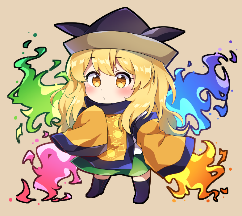 1girl aura bangs black_footwear black_hat blonde_hair blush boots brown_background caramell0501 chibi commentary detached_sleeves eyebrows_visible_through_hair full_body green_skirt hand_up hat long_hair long_sleeves matara_okina shirt simple_background skirt sleeves_past_fingers sleeves_past_wrists solo standing tabard touhou very_long_hair white_shirt wide_sleeves yellow_eyes