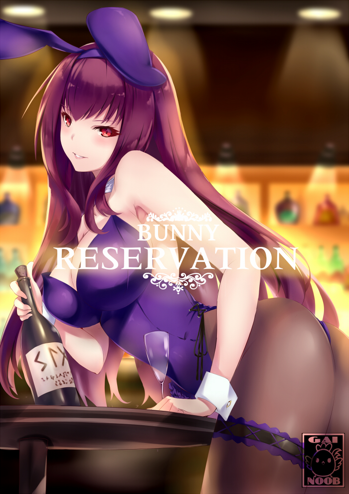 1girl animal_ears ass bar bare_shoulders bottle bow bowtie breasts bunny_girl bunnysuit ceiling_light champagne_flute cleavage cup detached_collar drinking_glass english_text fake_animal_ears fate/grand_order fate_(series) gainoob indoors large_breasts leaning_forward leotard long_hair looking_at_viewer pantyhose playboy_bunny_leotard purple_hair purple_leotard rabbit_ears red_eyes scathach_(fate)_(all) scathach_(fate/grand_order) strapless strapless_leotard table wrist_cuffs