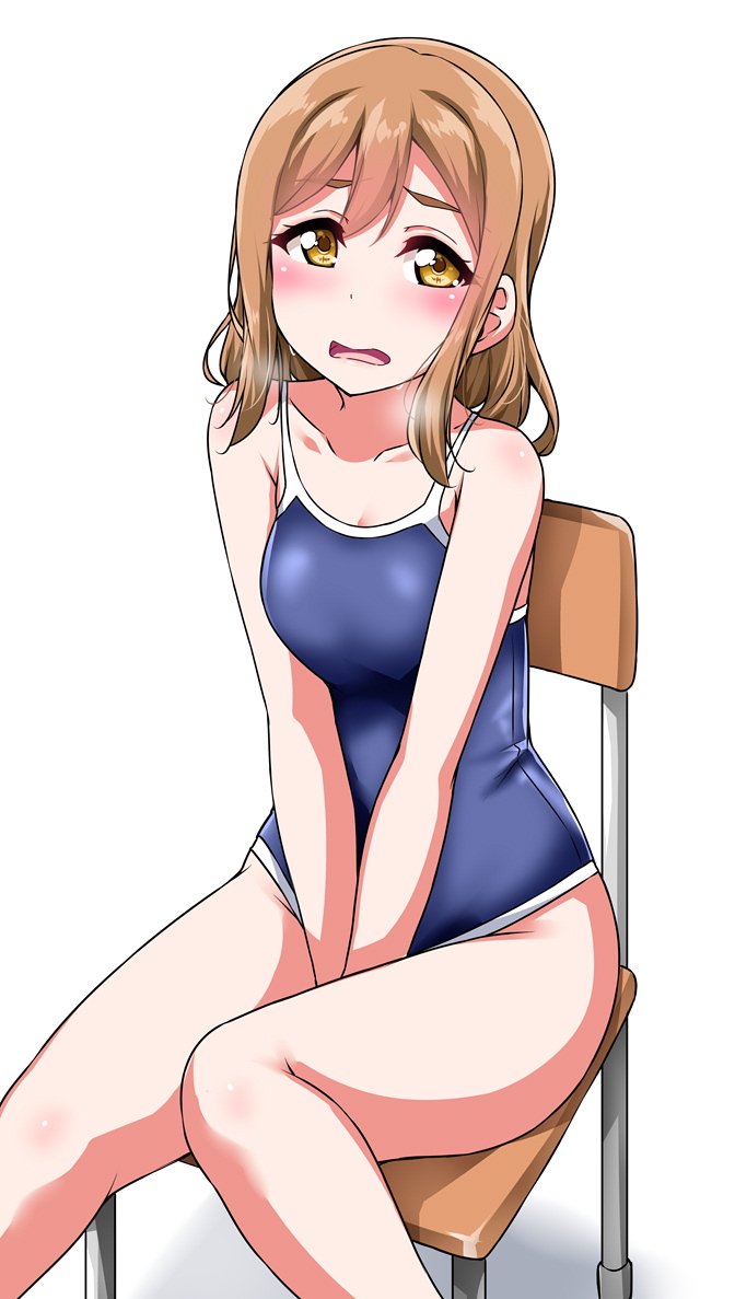 1girl bangs between_legs blue_swimsuit blush breath brown_eyes brown_hair chair collarbone commentary_request competition_school_swimsuit hand_between_legs kunikida_hanamaru long_hair looking_at_viewer love_live! love_live!_sunshine!! one-piece_swimsuit open_mouth school_chair school_swimsuit sitting solo swimsuit wet white_background yellow_eyes yopparai_oni