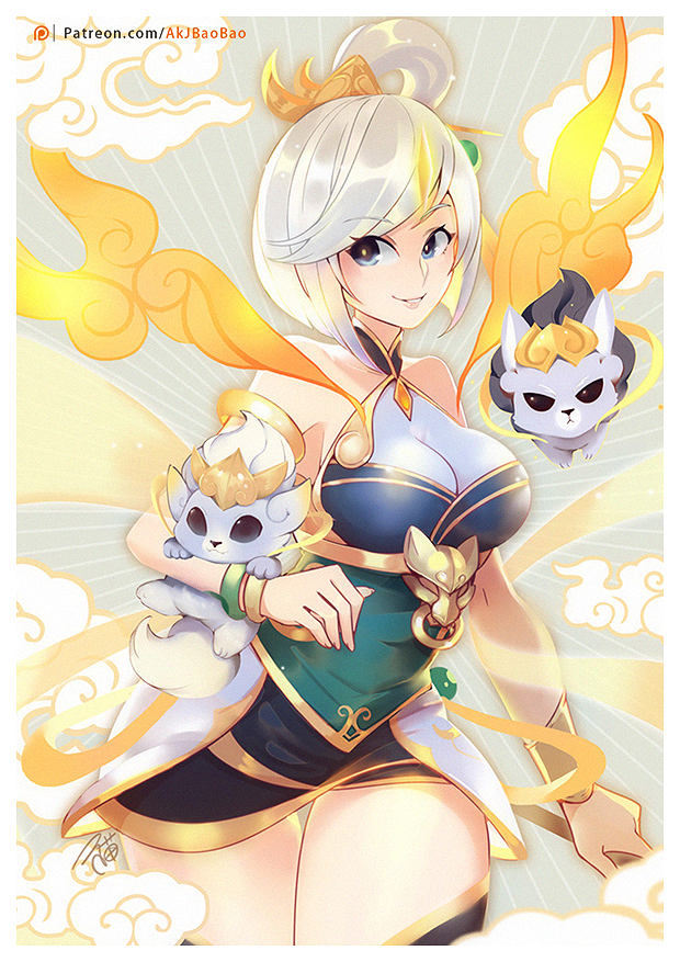 1girl aa2233a alternate_costume alternate_hair_color alternate_hairstyle animal armlet artist_name bare_shoulders black_legwear blue_eyes bracelet breasts clouds cowboy_shot grey_background hair_ornament hair_rings holding holding_animal holding_wand jewelry large_breasts league_of_legends looking_at_viewer lunar_empress_lux luxanna_crownguard silver_hair smile solo standing thigh_gap wand watermark white_hair