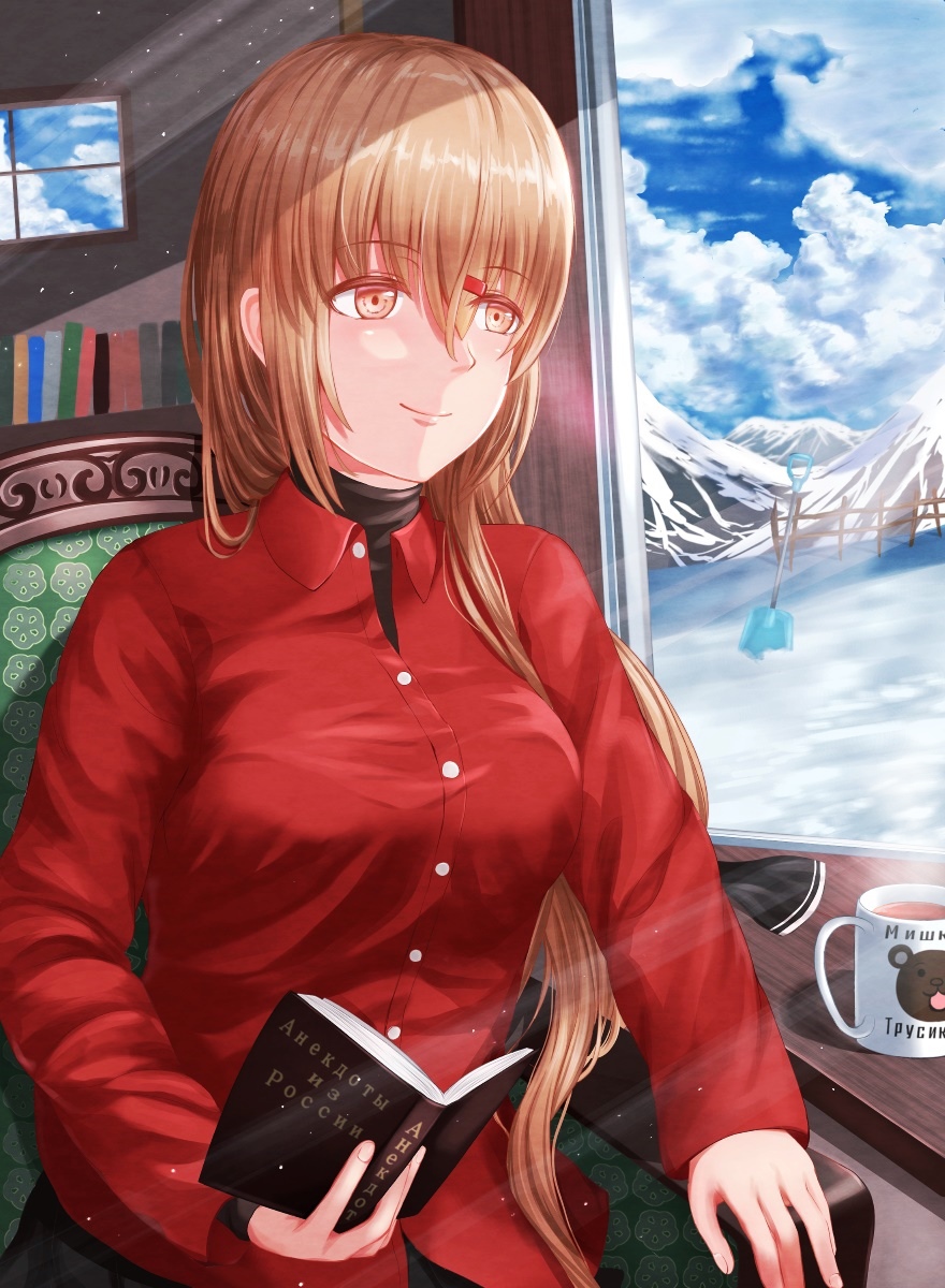 1girl armchair black_bow blue_sky blush book bow breasts brown_eyes brown_hair chair closed_mouth clouds cup cyrillic eyebrows_visible_through_hair hair_between_eyes hair_bow hair_ornament highres kantai_collection large_breasts long_hair low_twintails mountain red_shirt sabakuomoto shirt sitting sky smile snow solo tashkent_(kantai_collection) twintails