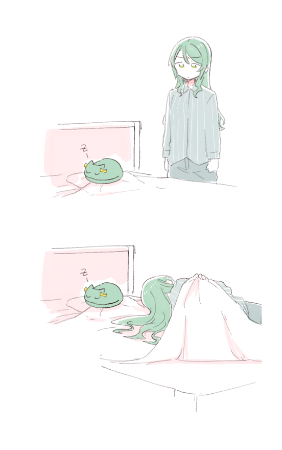 1girl animalization bang_dream! borderless_panels bow bowwow_(hamju94) cat collared_shirt comic green_cat green_eyes grey_shirt hikawa_hina hikawa_sayo long_hair long_sleeves looking_at_animal lying on_bed on_pillow on_side shirt sleeping solo striped striped_shirt under_covers vertical-striped_shirt vertical_stripes yellow_bow zzz