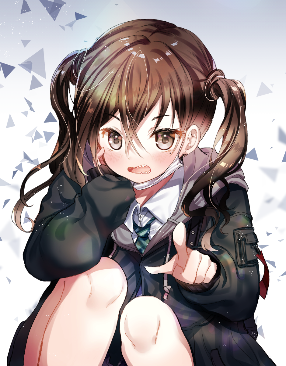 1girl bangs black_jacket blush brown_eyes brown_hair collared_shirt commentary_request dabi_(dabibubi) dress_shirt eyebrows_visible_through_hair green_neckwear hair_between_eyes hand_on_own_face hand_up highres idolmaster idolmaster_cinderella_girls jacket knees_up long_hair long_sleeves looking_at_viewer mask_pull mole mole_under_eye necktie open_mouth pointing pointing_at_viewer puffy_long_sleeves puffy_sleeves sharp_teeth shirt sidelocks sitting sleeves_past_wrists solo sunazuka_akira surgical_mask teeth twintails white_background white_shirt