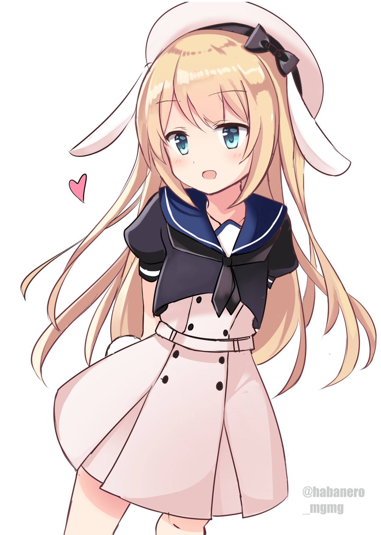 1girl animal_ears arms_behind_back blonde_hair blue_eyes blue_sailor_collar bunny_tail cowboy_shot dress fathom hat highres index_finger_raised jervis_(kantai_collection) kantai_collection long_hair open_mouth rabbit_ears sailor_collar sailor_dress sailor_hat solo standing tail twitter_username upper_body white_background white_dress white_hat