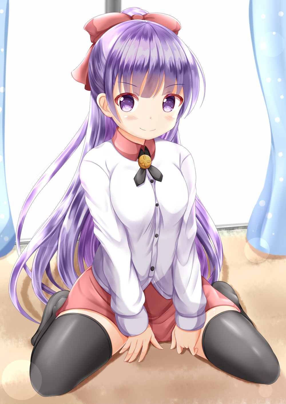 &gt;:) 1girl backlighting between_legs black_legwear blush bow breasts closed_mouth collared_shirt commentary_request cosplay curtains day dress_shirt hair_bow hair_down hand_between_legs highres indoors long_hair long_sleeves looking_at_viewer new_game! purple_hair red_bow red_skirt shirt sitting skirt sleeves_past_wrists small_breasts smile solo sunlight suzukaze_aoba takimoto_hifumi takimoto_hifumi_(cosplay) thigh-highs v-shaped_eyebrows very_long_hair violet_eyes wariza white_shirt window zenon_(for_achieve)