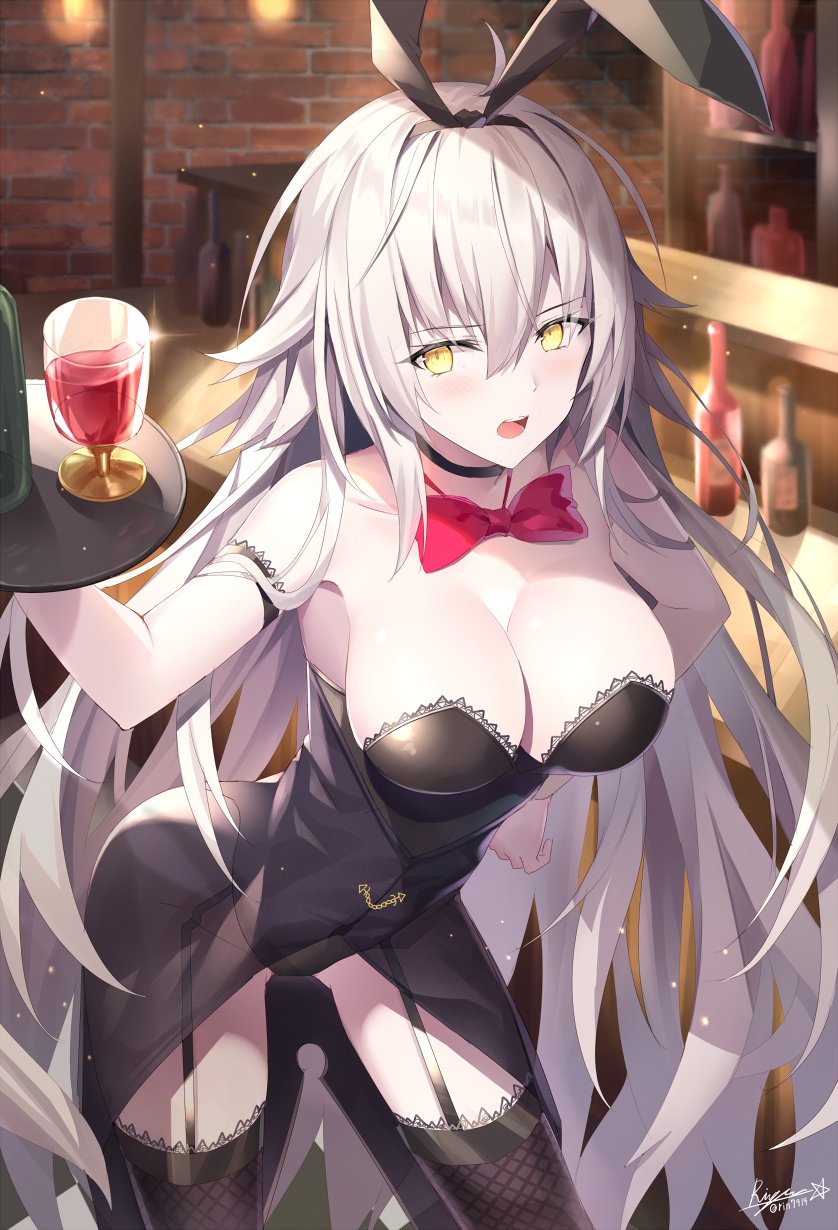 1girl alcohol animal_ears arm_garter bangs bar black_leotard blurry blurry_background blush bow bowtie breasts bunnysuit chains cleavage coattails cup eyebrows_visible_through_hair fake_animal_ears fate/grand_order fate_(series) garter_straps glint hair_between_eyes hand_on_hip highres holding holding_tray indoors jeanne_d'arc_(alter)_(fate) jeanne_d'arc_(fate)_(all) lace lace-trimmed_legwear large_breasts leaning_forward leotard long_hair looking_at_viewer open_mouth rabbit_ears red_neckwear rin_yuu see-through sidelocks signature silver_hair solo thigh-highs tray tsurime wrist_cuffs yellow_eyes