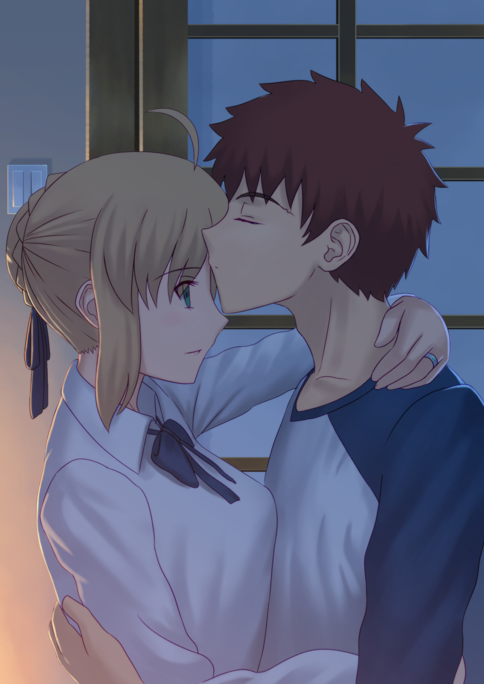 1boy 1girl ahoge artoria_pendragon_(all) blonde_hair blue_ribbon blue_sleeves braided_bun brown_hair closed_eyes couple emiya_shirou fate/stay_night fate_(series) fateline_alpha forehead_kiss from_side hair_ribbon highres jewelry kiss long_sleeves neck_ribbon ribbon ring saber shirt short_hair sidelocks upper_body wedding_band white_shirt