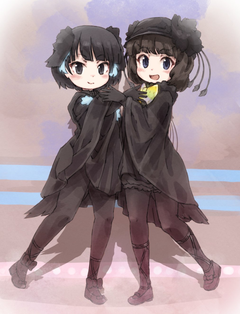 2girls ballet_slippers bird_tail bird_wings black_clothes black_eyes black_hair blue_eyes blue_hair blush bow bowtie cloak commentary_request eyebrows_visible_through_hair glowing glowing_hair greater_lophorina_(kemono_friends) hat head_wings highres hug kemono_friends kolshica multicolored_hair multiple_girls pantyhose short_hair shorts western_parotia_(kemono_friends) wings