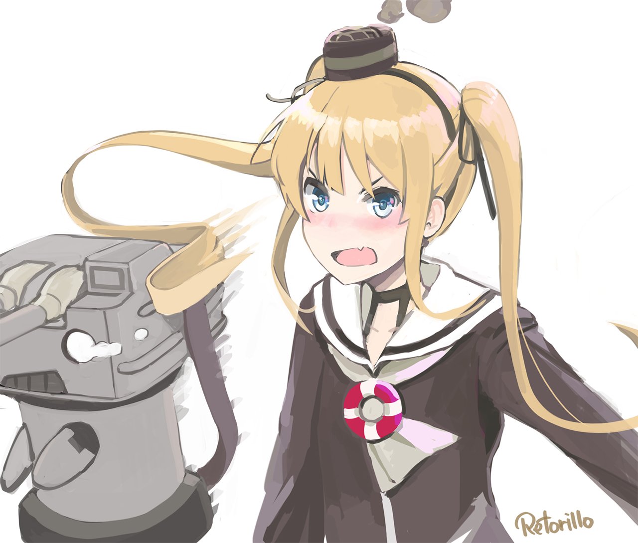 1girl :d amatsukaze_(kantai_collection) amatsukaze_(kantai_collection)_(cosplay) artist_name bangs blonde_hair blue_eyes blush commentary_request cosplay fang hat kantai_collection lifebuoy long_hair long_sleeves mini_hat open_mouth rensouhou-kun retorillo saenai_heroine_no_sodatekata sailor_collar sawamura_spencer_eriri simple_background smile twintails upper_body v-shaped_eyebrows white_background