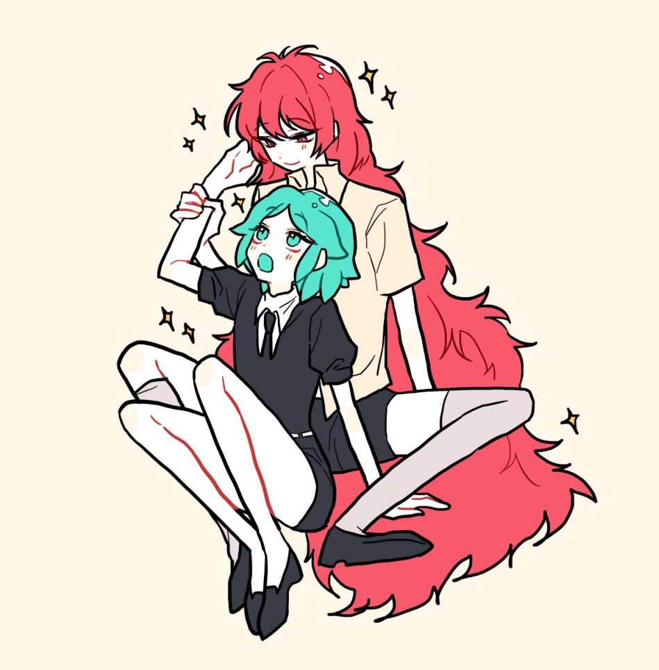 2others androgynous aqua_eyes aqua_hair crystal_hair eyebrows_visible_through_hair full_body gem_uniform_(houseki_no_kuni) hand_in_another's_hair houseki_no_kuni long_hair looking_at_another multiple_others necktie open_mouth padparadscha_(houseki_no_kuni) phosphophyllite red_eyes redhead short_hair simple_background sitting sparkle thigh-highs very_long_hair wavy_hair