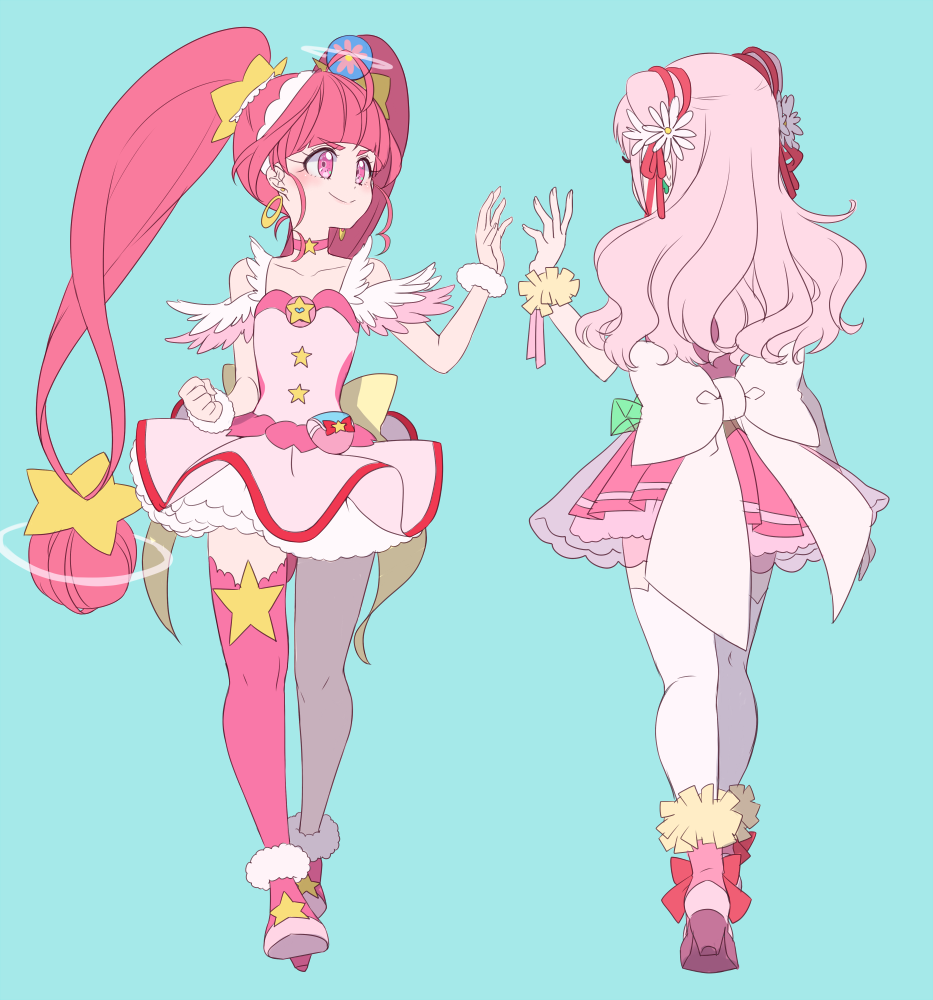 2girls 8041mm ahoge bare_shoulders boots choker cure_star cure_yell dress earrings flower hair_flower hair_ornament hoop_earrings hoshina_hikaru hugtto!_precure jewelry long_hair looking_at_viewer magical_girl multiple_girls nono_hana open_mouth pink_eyes pink_hair planet_hair_ornament precure single_thighhigh skirt smile star star_twinkle_precure thigh-highs twintails
