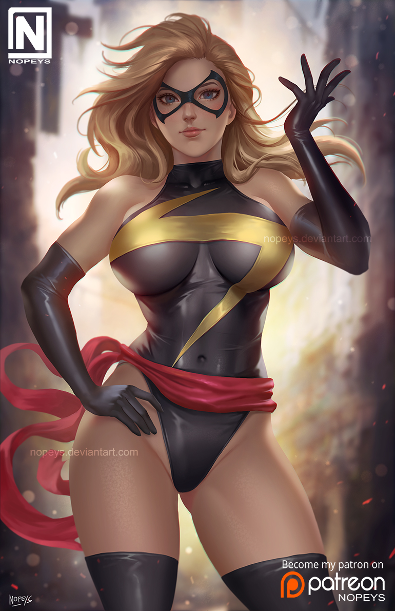 1girl bare_shoulders black_legwear blonde_hair blue_eyes blush breasts closed_mouth covered_navel domino_mask elbow_gloves gloves hand_on_hip large_breasts leotard lips long_hair marvel mask ms._marvel norman_de_mesa sash skin_tight solo superhero thigh-highs thighs