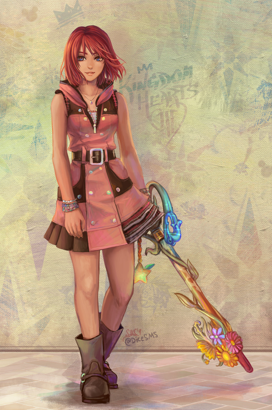 1girl blue_eyes boots bracelet commentary dress english_commentary gloves highres holding holding_weapon jewelry kairi_(kingdom_hearts) keyblade kingdom_hearts kingdom_hearts_iii lips looking_at_viewer necklace parted_lips redhead revision short_hair sleeveless smile solo standing stephanie_sybydlo weapon wind zipper zipper_pull_tab