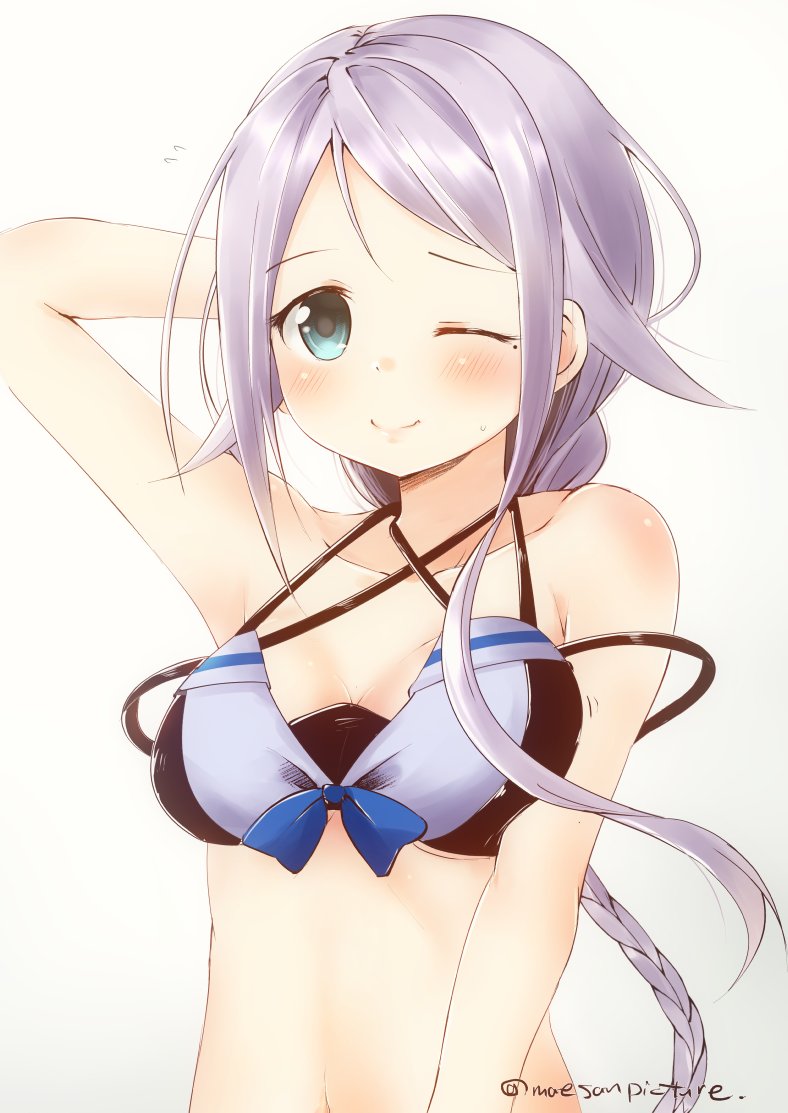 1girl alternate_costume artist_name bangs bare_shoulders bikini blush braid breasts collarbone commentary_request eyebrows_visible_through_hair green_eyes hair_flaps hand_in_hair kantai_collection long_hair looking_at_viewer mae_(maesanpicture) medium_breasts navel one_eye_closed shiny shiny_hair silver_hair simple_background smile solo swept_bangs swimsuit umikaze_(kantai_collection) white_background