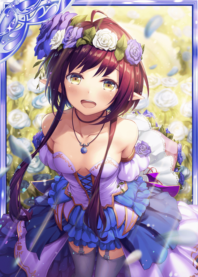 1girl akkijin armpits bare_shoulders blue_dress blue_flower blue_rose breasts card_(medium) dress elf flower garden head_wreath jewelry looking_at_viewer looking_up medium_breasts necklace official_art open_mouth pointy_ears purple_flower purple_rose red_eyes redhead rose rose_bush shinkai_no_valkyrie short_hair thigh-highs white_flower white_rose
