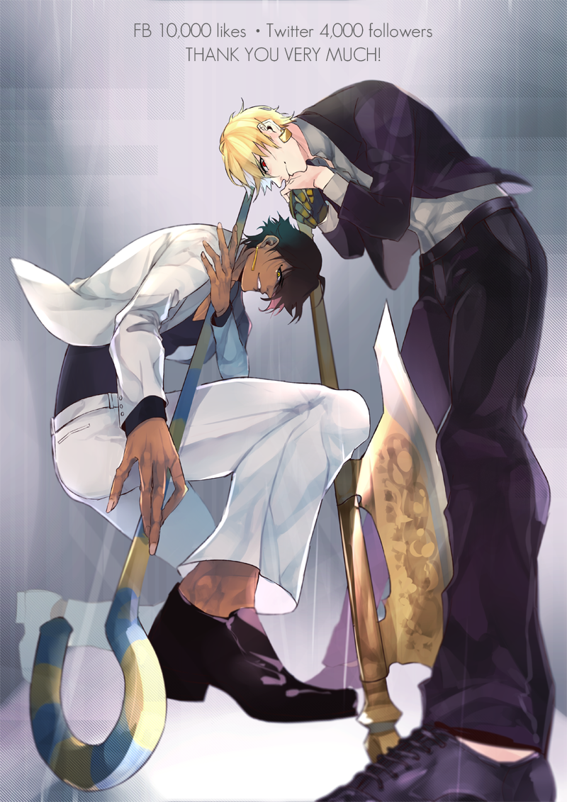 2boys blonde_hair brown_hair contemporary crook_and_flail dark_skin dark_skinned_male earrings fate/grand_order fate/prototype fate/prototype:_fragments_of_blue_and_silver fate_(series) formal from_below gilgamesh gloves hits jewelry male_focus multiple_boys necklace ozymandias_(fate) pvc_parfait red_eyes single_glove staff suit thank_you yellow_eyes