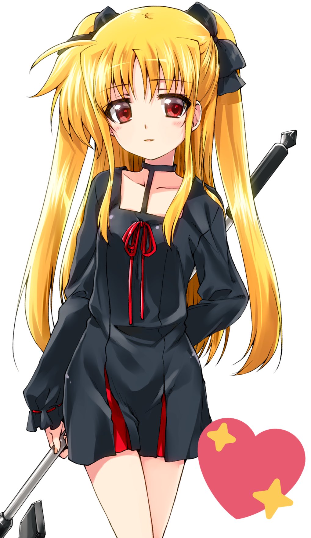 1girl arm_behind_back bangs bardiche black_choker black_dress black_ribbon blonde_hair choker commentary cowboy_shot dress eyebrows_visible_through_hair fate_testarossa hair_ribbon heart highres holding holding_weapon kuroi_mimei light_blush light_smile long_dress long_hair looking_at_viewer lyrical_nanoha mahou_shoujo_lyrical_nanoha parted_bangs parted_lips pleated_dress red_eyes ribbon short_dress simple_background solo standing star two_side_up very_long_hair weapon white_background