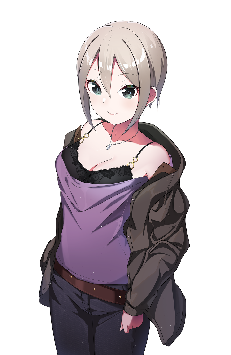 1girl belt black_bra black_jacket black_pants bra breasts cleavage collarbone cowboy_shot eyebrows_visible_through_hair green_eyes hair_between_eyes highres idolmaster idolmaster_cinderella_girls jacket looking_at_viewer medium_breasts o-ring off-shoulder_shirt off_shoulder open_clothes open_jacket pants purple_shirt shiny shiny_hair shiomi_shuuko shirt short_hair silver_hair simple_background solo standing sutoroa underwear white_background