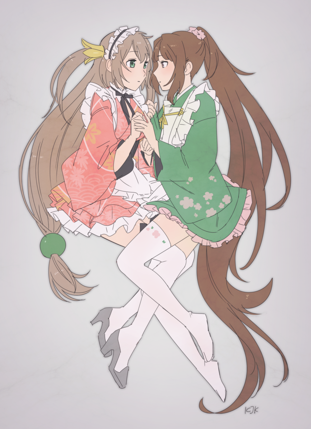2girls bangs black_neckwear brown_eyes brown_hair character_request face-to-face fig_(lchijiku) flower frills green_eyes grey_background grey_footwear hair_flower hair_ornament hairband highres japanese_clothes kimono lolita_hairband long_hair long_sleeves low-tied_long_hair multiple_girls oshiro_project oshiro_project_re parted_lips pink_flower short_kimono thigh-highs very_long_hair white_legwear wide_sleeves yuri