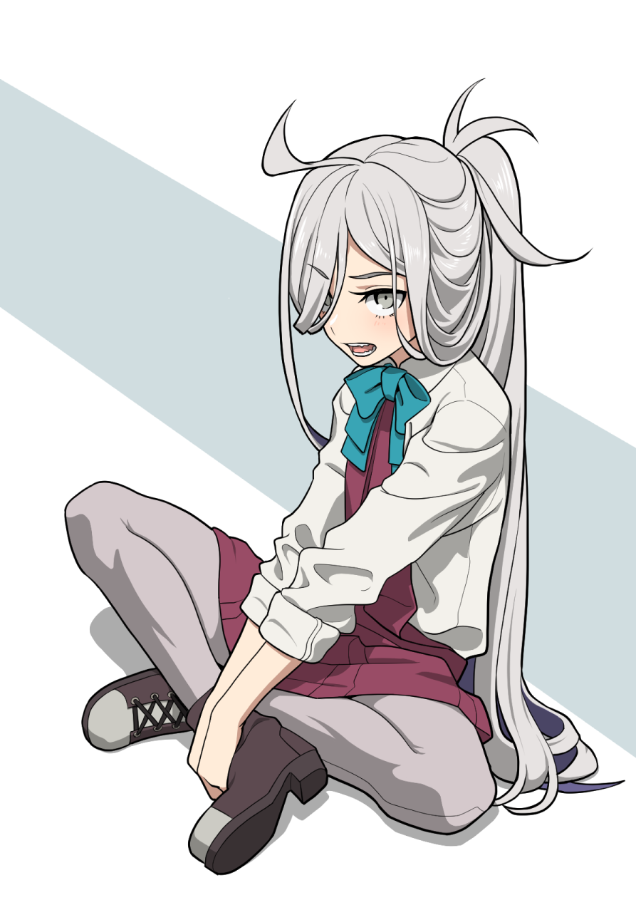 1girl ahoge asashimo_(kantai_collection) boots bow bowtie commentary_request cross-laced_footwear dress grey_eyes grey_hair grey_legwear hair_over_one_eye halterneck highres indian_style kantai_collection koubakotone lace-up_boots long_hair long_sleeves looking_at_viewer pantyhose ponytail sharp_teeth shirt simple_background sitting solo teeth very_long_hair white_shirt