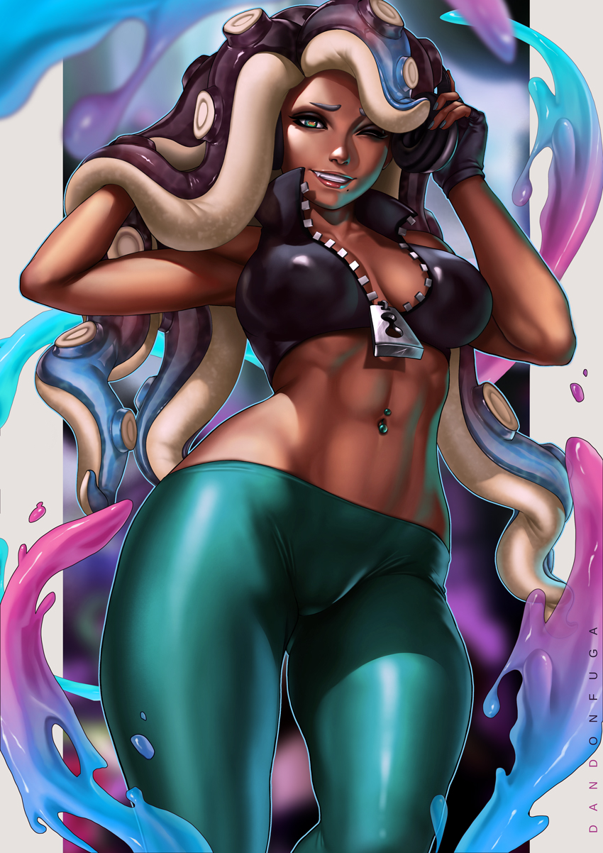 1girl ;) abs artist_name bare_arms black_gloves black_hair black_vest blue_hair breasts cephalopod_eyes collarbone collared_vest cowboy_shot crop_top cropped_vest dandon_fuga dark_skin erect_nipples fang fingerless_gloves fingernails gloves gluteal_fold green_eyes green_legwear green_nails grin groin hand_in_hair hand_on_headwear hands_up headphones high_collar highres hips iida_(splatoon) lips long_hair makeup mascara medium_breasts midriff mole mole_under_mouth multicolored_hair nail_polish navel navel_piercing nintendo no_pants octarian one_eye_closed paint piercing pink_pupils red_lips shiny shiny_clothes smile solo splashing splatoon splatoon_(series) splatoon_2 stomach suction_cups tentacle_hair toned unzipped very_long_hair vest zipper zipper_pull_tab