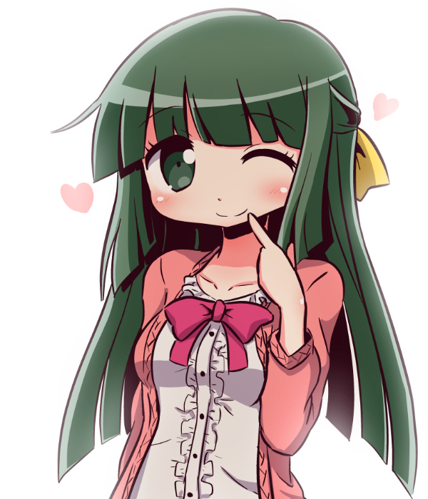 1girl ;) bangs blush bow breasts center_frills closed_mouth collarbone commentary_request eyebrows_visible_through_hair finger_to_mouth green_eyes green_hair hair_bow heart hidamari_sketch jacket long_hair long_sleeves looking_at_viewer naga_u one_eye_closed pink_jacket shirt simple_background small_breasts smile solo upper_body white_background white_shirt yellow_bow yoshinoya