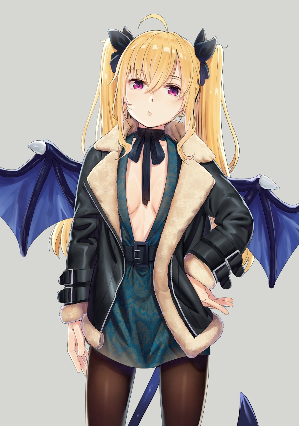 1girl ahoge arm_belt belt belt_buckle black_bow blonde_hair blue_wings bow buckle closed_mouth demon_girl demon_tail demon_wings earrings eyebrows_visible_through_hair floral_print fur_trim green_earrings grey_background hair_between_eyes hair_bow hand_on_hip highres jewelry kerorira original pantyhose simple_background solo standing tail twintails violet_eyes wings zipper