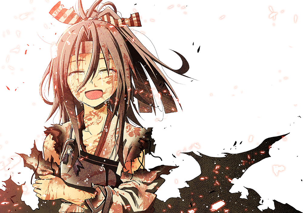 1girl akaneharu_ohkami bangs blood blood_on_face bloody_clothes closed_eyes crying hachimaki hair_between_eyes hair_ribbon headband high_ponytail holding_arm japanese_clothes kantai_collection light_brown_hair long_hair long_sleeves open_mouth ponytail ribbon smile solo tears torn_clothes upper_body white_background zuihou_(kantai_collection)