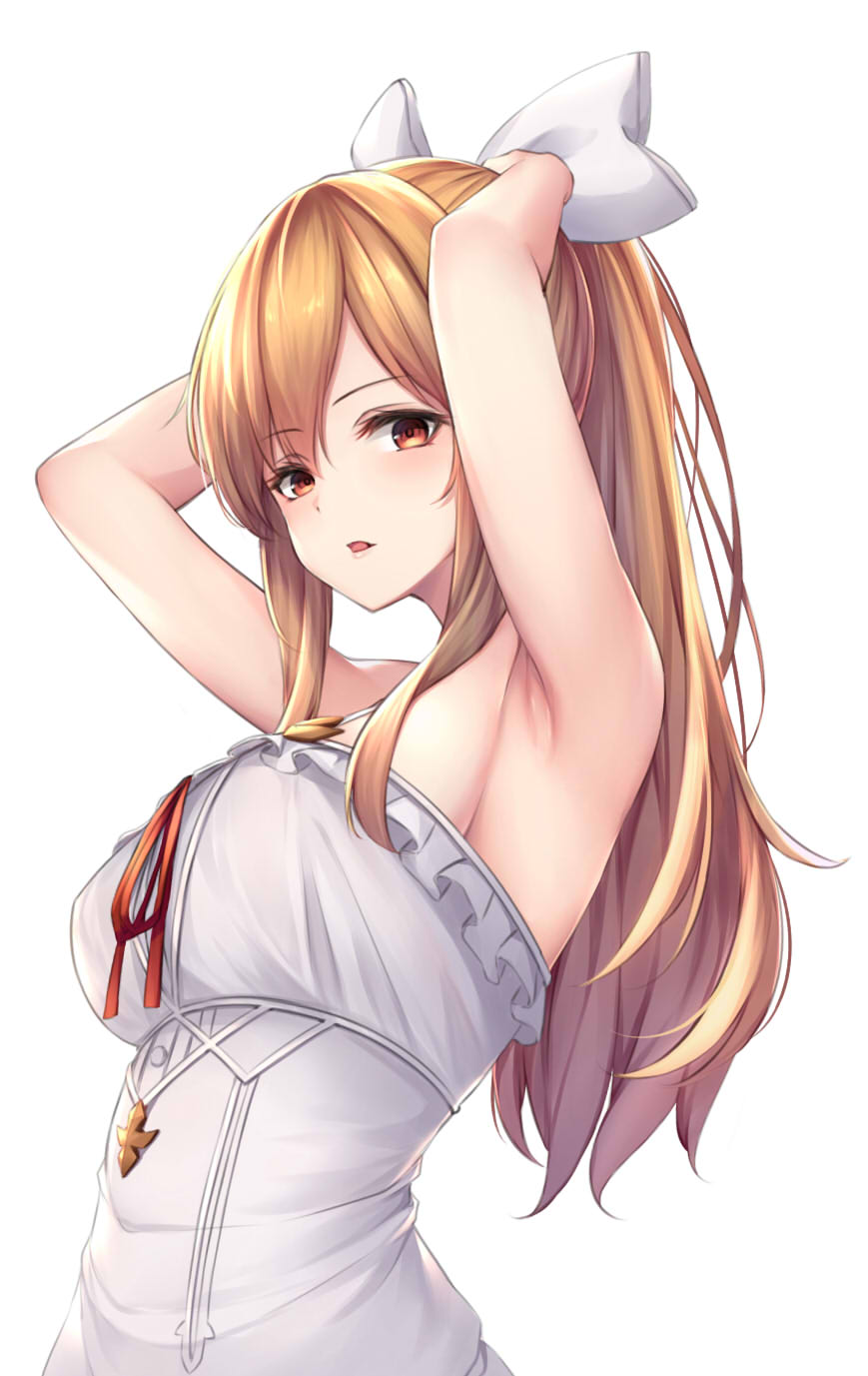 1girl armpits bangs bare_arms bare_shoulders bow breasts brown_hair commentary_request dress eyebrows_visible_through_hair frilled_dress frills granblue_fantasy hair_between_eyes hair_bow highres large_breasts long_hair parted_lips ponytail red_eyes red_ribbon ribbon sidelocks simple_background sleeveless sleeveless_dress solo upper_body vira_lilie white_background white_bow white_dress ym_(distance819)