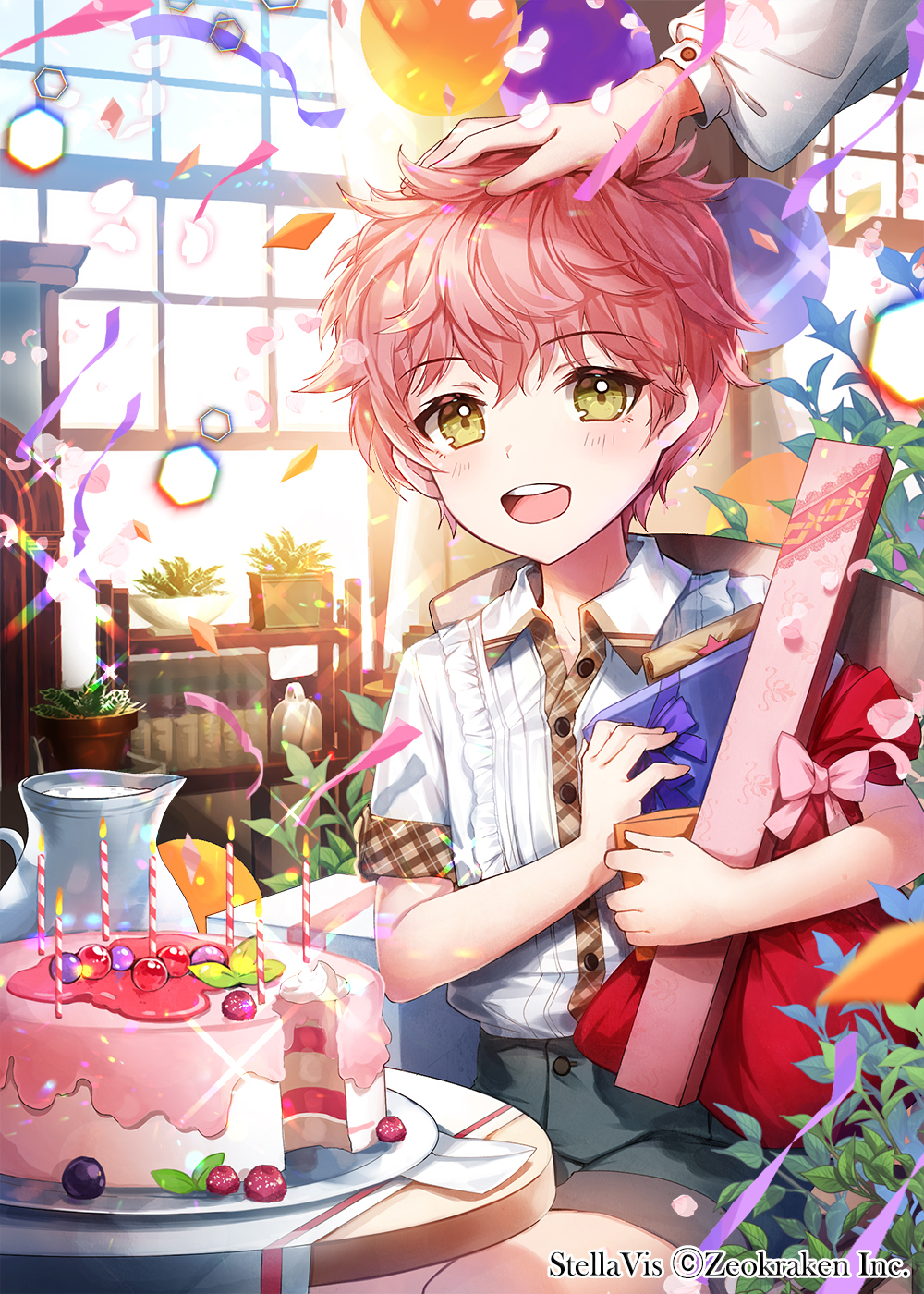 1boy :d apple_caramel balloon bow brown_eyes cake candle child company_name day food gift highres indoors open_mouth petting pink_bow pink_hair plaid plant plate potted_plant short_sleeves shorts sitting smile solo window