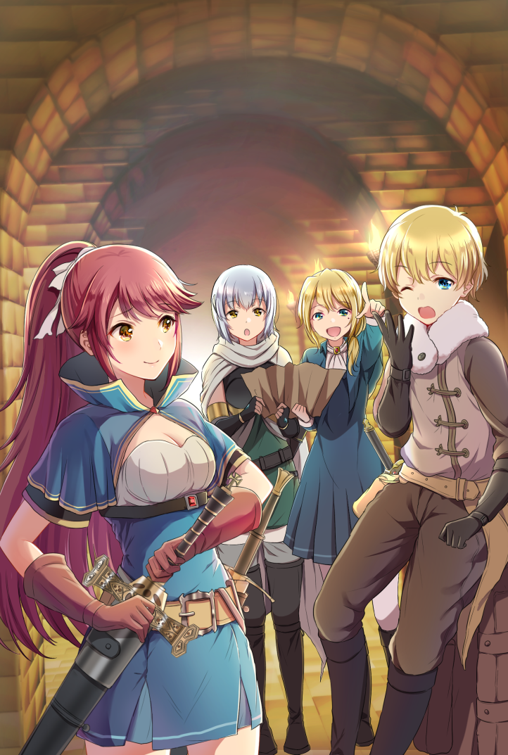 1boy 3girls belt blonde_hair blue_eyes boots capelet commentary dungeon fantasy fingerless_gloves gloves indoors long_hair map multiple_girls one_eye_closed original pointing ponytail redhead scabbard sheath sheathed short_hair silver_hair sword thigh-highs thigh_boots weapon yatomi yawning yellow_eyes