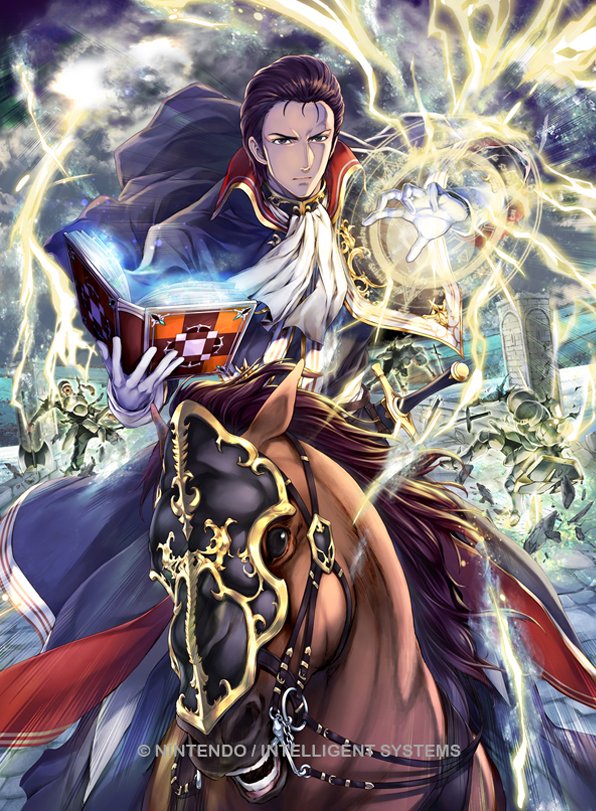 1boy armor black_hair book cape clouds copyright_name electricity faceless faceless_male fire_emblem fire_emblem:_seisen_no_keifu fire_emblem_cipher gloves helmet horse magic_circle male_focus nintendo official_art reinhardt_(fire_emblem) shield sky sword weapon yamada_koutarou