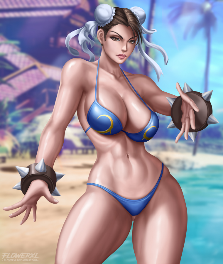 1girl bikini blurry blurry_background breasts brown_hair capcom chun-li commission flowerxl green_eyes looking_at_viewer navel parted_lips pinup standing street_fighter swimsuit