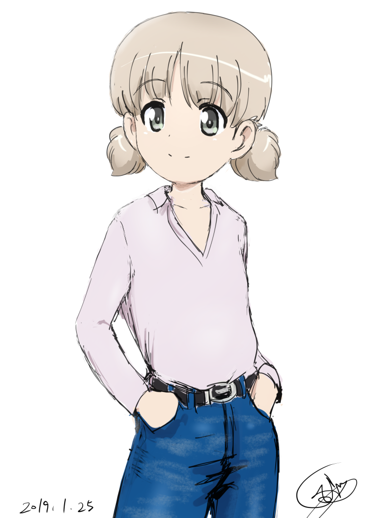 1girl aki_(girls_und_panzer) belt blonde_hair bukkuri closed_mouth dated eyebrows_visible_through_hair girls_und_panzer grey_eyes hands_in_pockets long_sleeves looking_at_viewer short_hair solo white_background