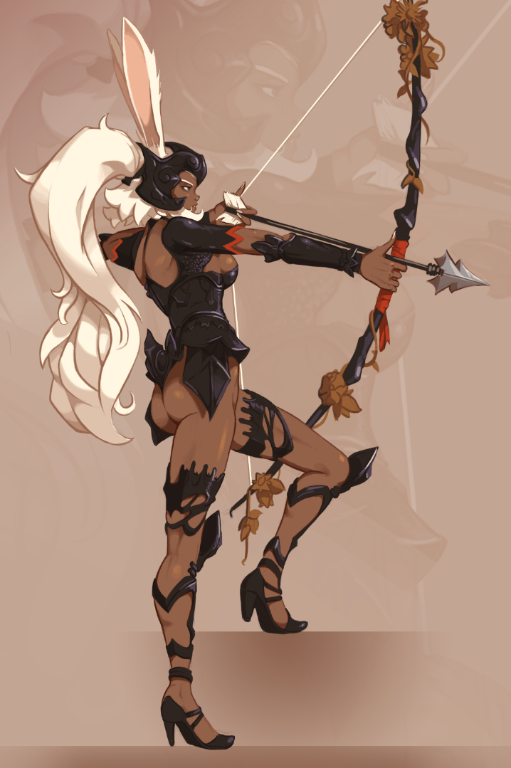 1girl aiming animal_ears armor arrow ass bow_(weapon) breasts commentary dark_skin ears_through_headwear english_commentary final_fantasy final_fantasy_xii fingernails fran from_side full_body greaves helmet high_heels joakim_sandberg knee_pads leg_up long_fingernails long_hair medium_breasts ponytail rabbit_ears revealing_clothes shrug_(clothing) sideboob solo vambraces viera weapon white_hair zoom_layer