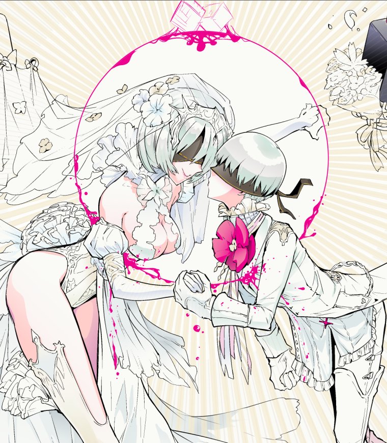 1boy 1girl black_blindfold blindfold blood bouquet breasts bridal_veil bride center_opening cleavage commentary_request covered_eyes dress elbow_gloves flower gloves groom hair_flower hair_ornament highleg nier_(series) nier_automata pod_(nier_automata) silver_hair smile tellmin veil wedding wedding_dress yorha_no._2_type_b yorha_no._9_type_s