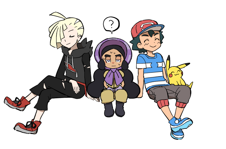 1girl 2boys ? ahoge ame_(ame025) ash_ketchum bangs baseball_cap black_footwear black_hair black_pants blonde_hair blue_footwear bonnet boots closed_eyes closed_mouth commentary_request gen_1_pokemon gladion_(pokemon) gloves grey_pants half-closed_eyes hapu_(pokemon) hat hood hood_down hoodie invisible_chair jumpsuit long_hair multiple_boys pants pikachu pokemon pokemon_(anime) pokemon_(creature) pokemon_sm_(anime) purple_headwear red_footwear red_headwear shirt shoes short_hair short_sleeves sitting smile spoken_question_mark striped striped_shirt sweat t-shirt torn_clothes torn_pants twintails wavy_mouth