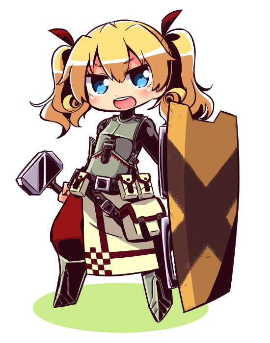 1girl :d armored_boots bangs black_skirt blonde_hair blue_eyes blush boots breastplate chibi colored_shadow commentary_request eyebrows_visible_through_hair fortress_(sekaiju) full_body hair_between_eyes hair_ribbon holding holding_hammer holding_shield long_hair long_sleeves looking_at_viewer naga_u open_mouth pants puffy_pants red_pants red_ribbon ribbon round_teeth sekaiju_no_meikyuu sekaiju_no_meikyuu_4 shadow shield skirt smile solo standing teeth twintails upper_teeth v-shaped_eyebrows white_background