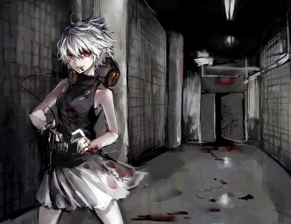 .flow 1girl blood breasts red_eyes sabitsuki shirt short_hair shousan_(hno3syo) skirt sleeveless sleeveless_turtleneck smile solo turtleneck white_hair