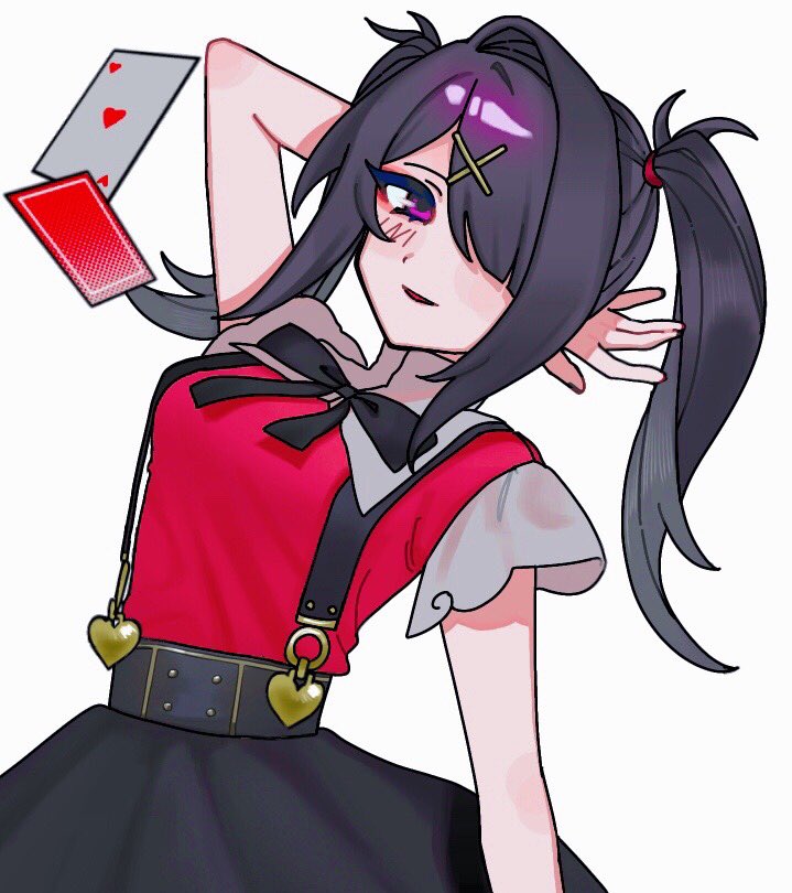 1girl ace_(playing_card) ace_of_hearts ame-chan_(needy_girl_overdose) arm_behind_head arm_up black_hair black_ribbon breasts card collared_shirt hair_ornament hair_over_one_eye hashtag_only_commentary heart long_hair looking_at_viewer neck_ribbon needy_girl_overdose open_mouth playing_card red_shirt ribbon shirt simple_background skirt small_breasts smile solo suspender_skirt suspenders twintails violet_eyes white_background x_hair_ornament yumeno_(yume0601)