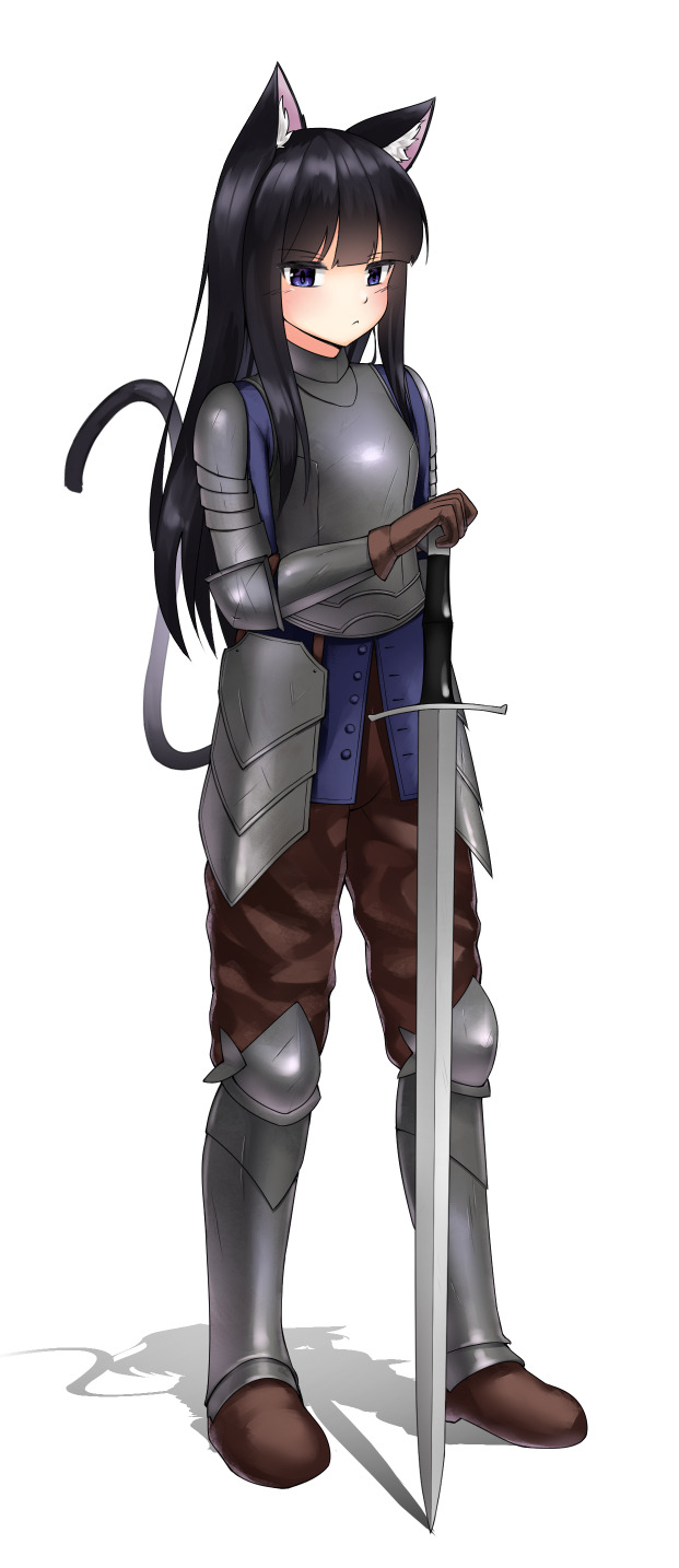 1girl :&lt; animal_ear_fluff animal_ears armor bangs black_hair blue_eyes blunt_bangs blush breastplate breasts brown_footwear brown_gloves brown_pants cat_ears cat_girl cat_tail closed_mouth commission cowfee faulds frown full_body gloves greaves hand_on_hilt hand_up highres long_hair looking_at_viewer original pants pants_tucked_in planted_sword planted_weapon shadow simple_background slit_pupils small_breasts solo sword tail tail_raised unaligned_ears unbuttoned weapon white_background