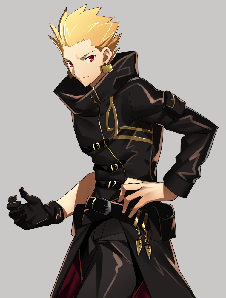 1boy asymmetrical_gloves belt black_coat black_gloves black_pants blonde_hair earrings fate/stay_night fate_(series) gilgamesh gloves grey_background hand_on_hip jewelry long_sleeves looking_at_viewer male_focus pants red_eyes sen_(77nuvola) simple_background single_glove smile solo spiky_hair
