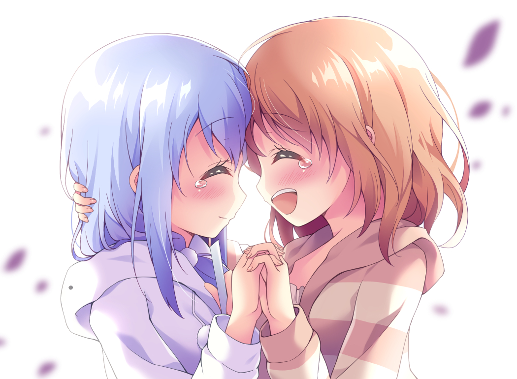 2girls :d ^_^ bangs blue_hair blurry blurry_background blush brown_hair closed_eyes closed_eyes closed_mouth commentary_request depth_of_field eyebrows_visible_through_hair facing_another fingernails gochuumon_wa_usagi_desu_ka? hair_between_eyes hands_up hood hood_down hoodie hoto_cocoa interlocked_fingers jacket kafuu_chino long_hair multiple_girls open_mouth pom_pom_(clothes) satsuki_yukimi smile striped_jacket tears upper_body upper_teeth white_background white_hoodie