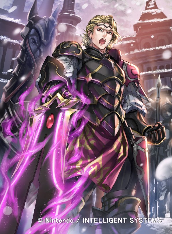 1boy armor blonde_hair copyright_name faceless faceless_male fire_emblem fire_emblem_cipher fire_emblem_if gloves helmet horse kuroba.k male_focus marks_(fire_emblem_if) nintendo official_art open_mouth polearm red_eyes snowing spear sword teeth tiara weapon