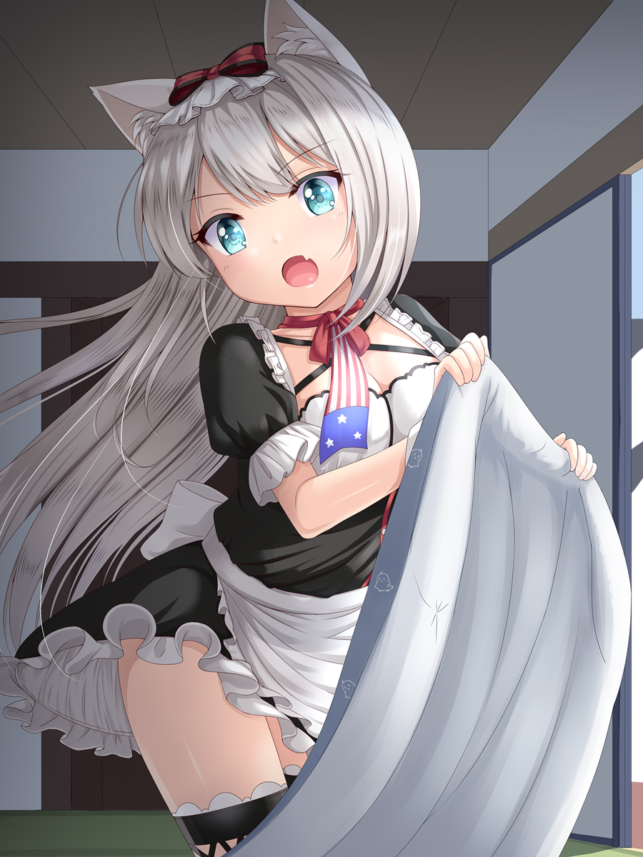 1girl :o american_flag american_flag_print animal_ear_fluff animal_ears apron azur_lane black_dress black_legwear bow breasts cat_ears cleavage commentary_request dress fang flag_print frilled_apron frills hair_bow hammann_(azur_lane) hands_up head_tilt highres holding indoors long_hair open_mouth print_neckwear puffy_short_sleeves puffy_sleeves red_bow short_sleeves silver_hair small_breasts solo standing thigh-highs u2_(5798239) very_long_hair waist_apron white_apron