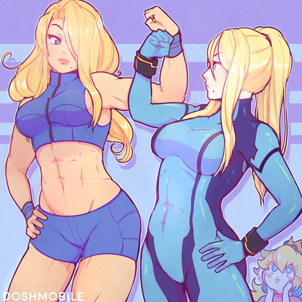 3girls abs artist_name blonde_hair blue_eyes blush breasts crop_top crown dosh dual_persona flexing hair_over_one_eye hand_on_hip hands_on_own_face heart long_hair looking_at_viewer super_mario_bros. metroid metroid_fusion mini_crown mole mole_under_mouth multiple_girls muscle muscular_female nintendo ponytail pose princess_peach raised_eyebrows samus_aran short_shorts shorts sleeveless smile super_mario_bros. super_smash_bros. super_smash_bros._ultimate toned wristband