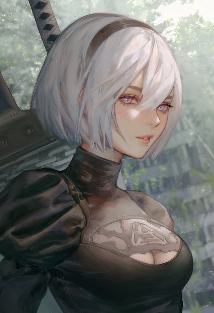 1girl black_dress black_hairband blue_eyes breasts cleavage cleavage_cutout commentary dress english_commentary feather-trimmed_sleeves grin hair_between_eyes hairband jiayue_wu juliet_sleeves katana long_sleeves looking_at_viewer medium_breasts mole mole_under_mouth nier_(series) nier_automata puffy_sleeves short_hair silver_hair smile sword sword_behind_back weapon yorha_no._2_type_b